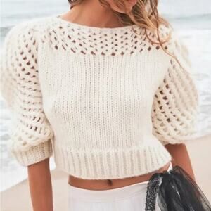 LoveShackFancy Larson Crop Pullover Sweater Top White Baby Alpaca Wool Small NWT